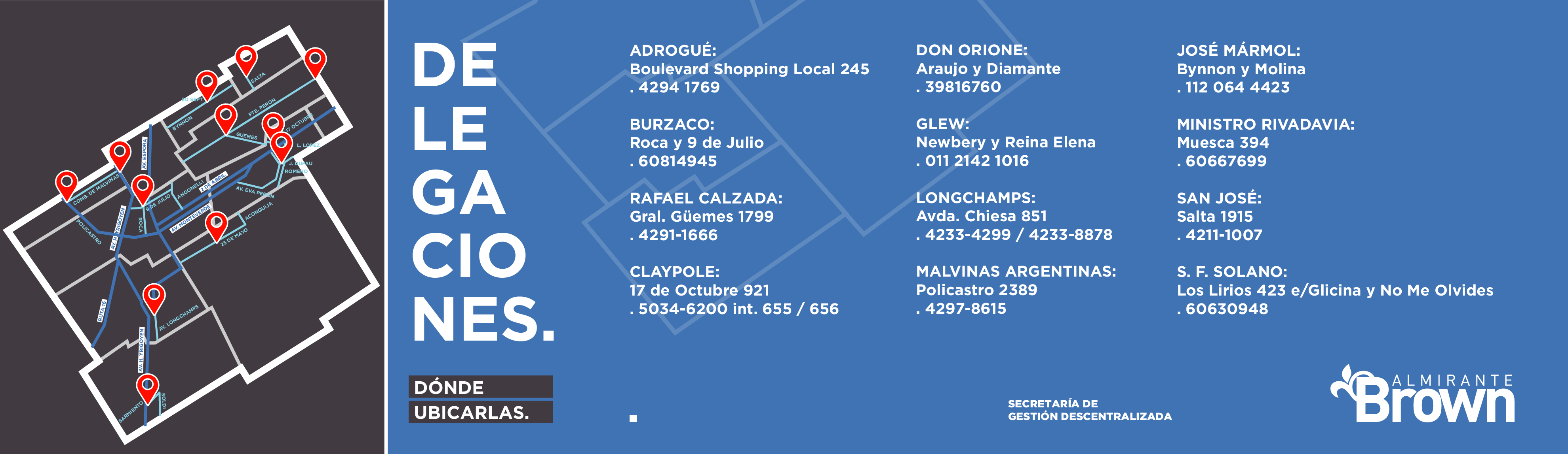 Mapa de las delegaciones del Municipio de Almirante Brown